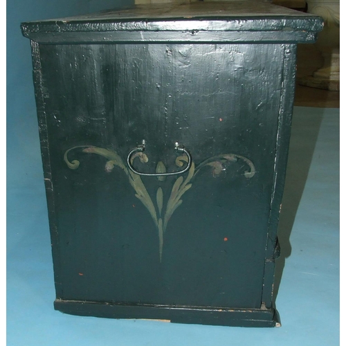 96 - A Continental painted chest, the hinged lid and front painted with oval scenes of fishing boats and ... 