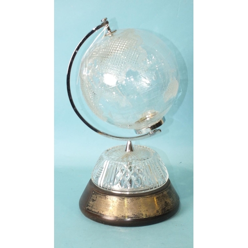 159 - A Waterford cut-glass terrestrial globe on wood base, with silver presentation plaque, 31cm high, 37... 