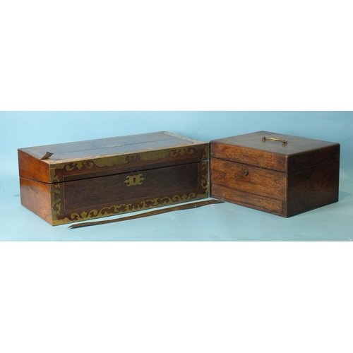 164 - An antique rosewood work box with interior fitted drawer and base drawer, 31cm wide, 19cm high, 23cm... 