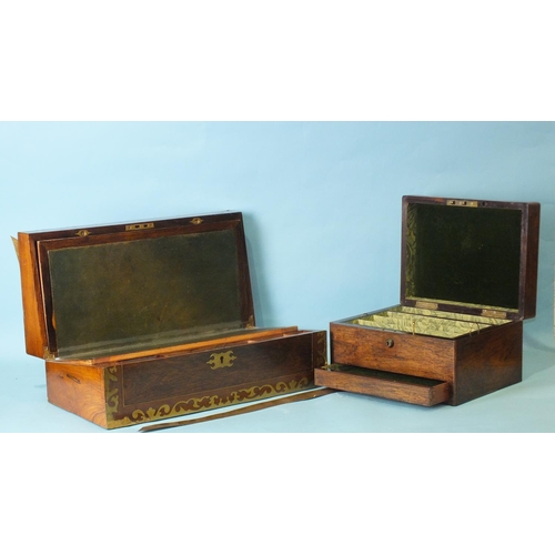 164 - An antique rosewood work box with interior fitted drawer and base drawer, 31cm wide, 19cm high, 23cm... 