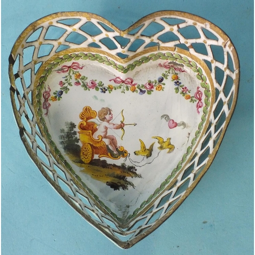 187 - Three French enamelled pin trays: an oval pierced and enamelled dish painted with a courting couple ... 