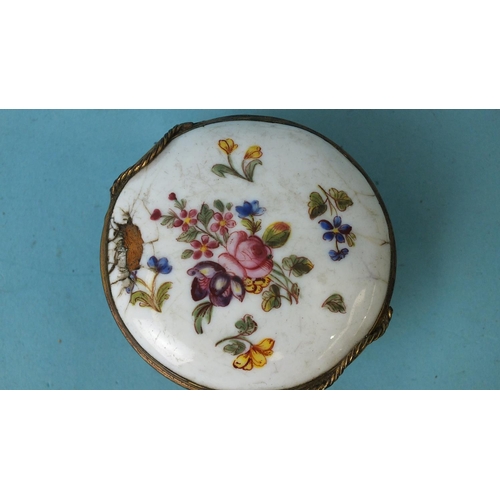 191 - A Birmingham enamelled needle case and cover painted with dragonflies and floral sprays, 12cm, a dam... 