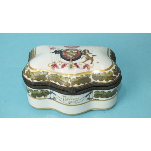 199 - A 19th century Continental ceramic box and cover, the lid with armorial and sides with borders and s... 