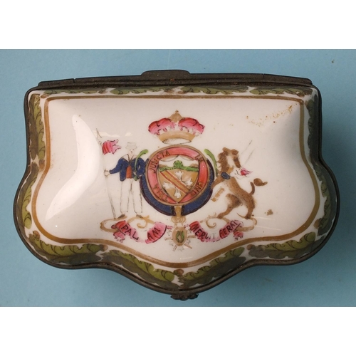 199 - A 19th century Continental ceramic box and cover, the lid with armorial and sides with borders and s... 