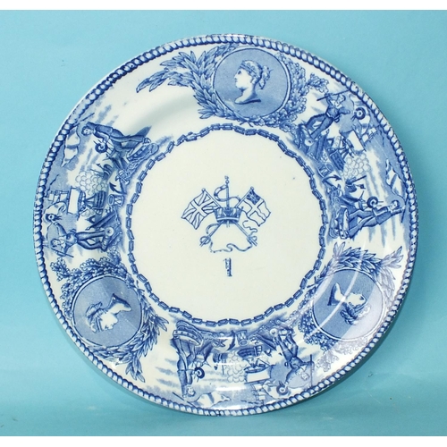 201 - A Victorian blue and white Mess plate, 'young-head' pattern, with central crossed flags and crown ov... 