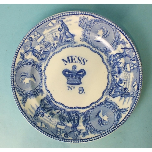 203 - A Victorian blue and white Mess plate, 'young-head' pattern, with central 'Mess' above crown over th... 