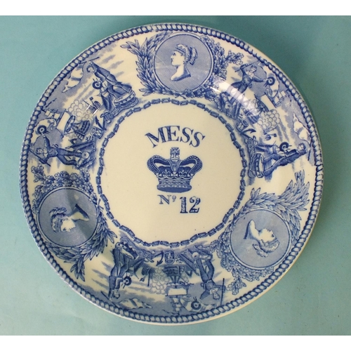 204 - A Victorian blue and white Mess plate, 'young-head' pattern, with central 'Mess' above crown over th... 