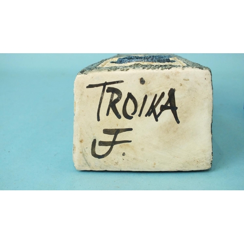 209 - A Troika 'coffin'-shaped vase signed and bearing initials for Jane Fitzgerald, 17.5cm high and two W... 