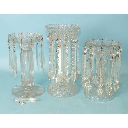 223 - Three Victorian and later clear cut-glass lustres, 21cm, 23cm and 26cm high, respectively, (3).... 