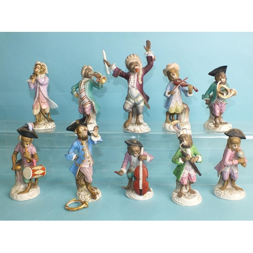 226 - A group of ten monkey band figures, including two Meissen examples, 13-14cm high, (damages).... 