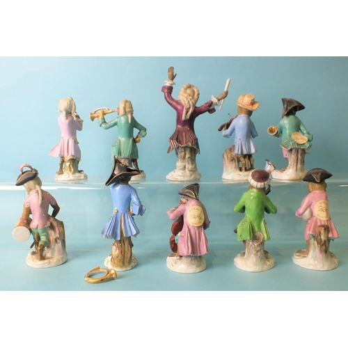 226 - A group of ten monkey band figures, including two Meissen examples, 13-14cm high, (damages).... 