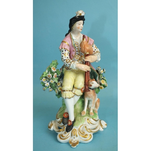 227 - An early-19th century Derby porcelain figure of a seated gentleman playing pipes and a pair of 19th ... 