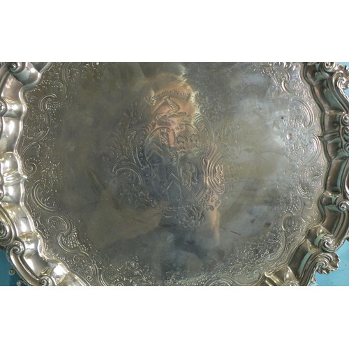 515 - A George II circular silver salver, bearing the coat of arms of Baldwin John Pollexfenn of Kitley wi... 