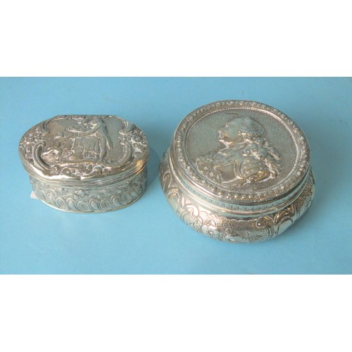 473 - A French circular box and cover, the lid embossed with bust of a nobleman, 7cm diameter, with import... 