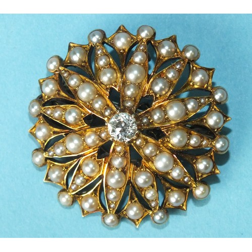 270 - A late-Victorian diamond and seed pearl flower-head brooch/pendant centrally-set an old brilliant-cu... 