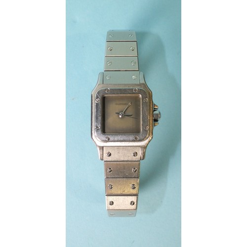 246 - Cartier, a lady's Santos stainless-steel bracelet wrist watch c1986, automatic, with grey/gold squar... 