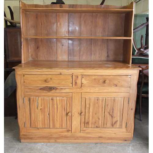 98 - A South African rail sleeper wood dresser, the two shelves above two drawers and two cupboard doors,... 