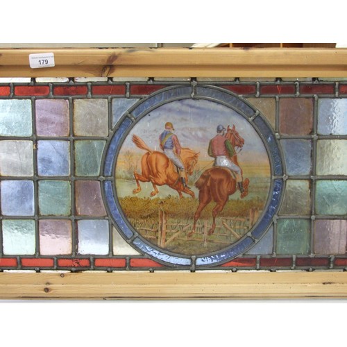 179 - A late-19th/early-20th century leaded and stained-glass panel, with central circular pane depicting ... 