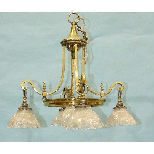 158 - A late-19th/early-20th century brass five-light institutional hanging light fitting, with five ribbe... 