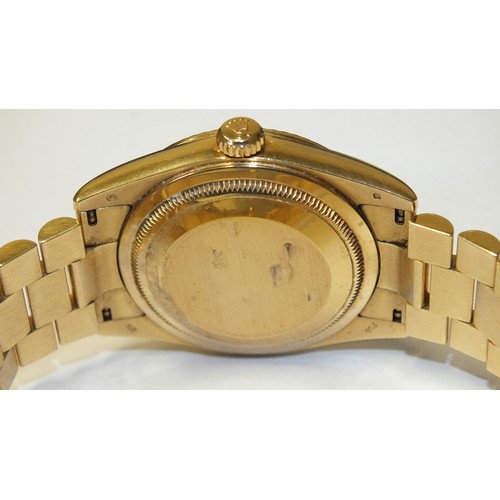 256 - A gentleman's 18ct gold Rolex Oyster Day-Date wrist watch c2008, the fluted bezel enclosing a black ... 