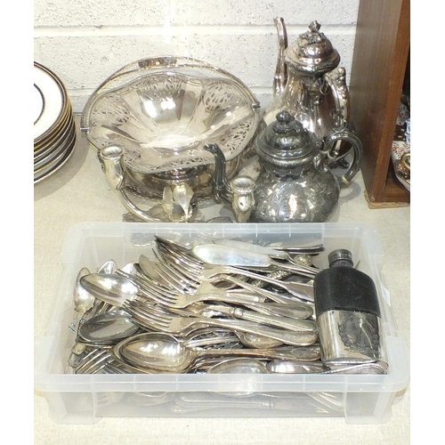 107 - A collection of plated cutlery, two plated teapots and other plated ware.