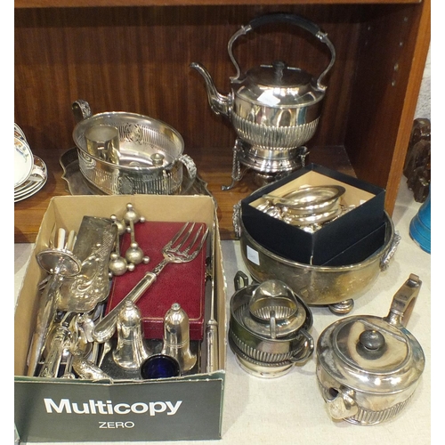 110 - A plated spirit kettle on stand with burner, a three-piece bachelors plated tea service, various cut... 