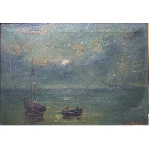 82 - E G Ambler, 'Fishing vessels at night, possibly a whaling ship', signed oil on canvas, 24 x 35cm, in... 