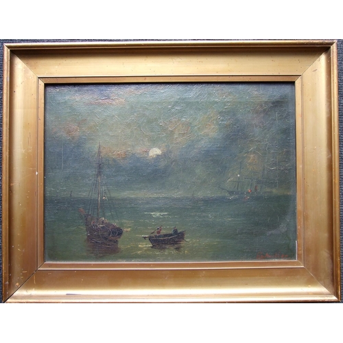 82 - E G Ambler, 'Fishing vessels at night, possibly a whaling ship', signed oil on canvas, 24 x 35cm, in... 