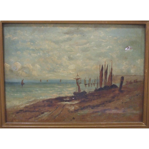 82 - E G Ambler, 'Fishing vessels at night, possibly a whaling ship', signed oil on canvas, 24 x 35cm, in... 