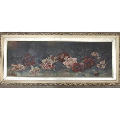 87 - Edith M Minors, 'Still Life, Roses', oil on board, signed and dated '95, 28 x 83cm, Harry Ousey 'Moo... 