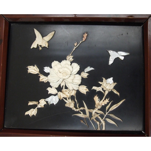 88 - A Japanese mother-of-pearl and bone panel decorated with flowers and birds, 20.5 x 26.5cm, in lacque... 