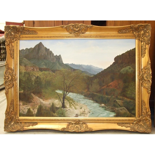 95 - F Hays (late-20th century), 'River running through a Continental landscape', signed oil on canvas, 5... 