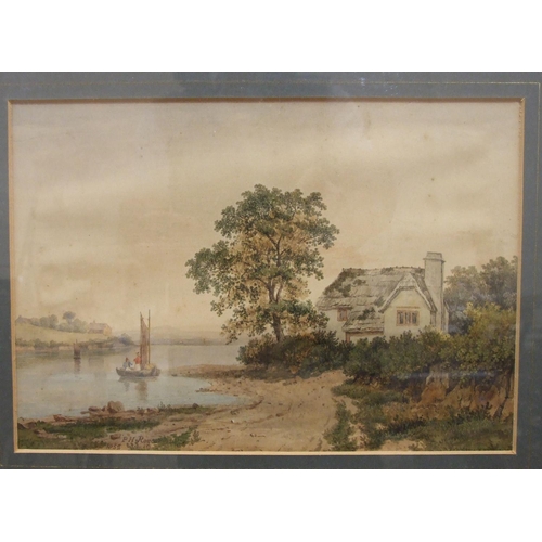 97 - P H Rogers, 'Lakeside Cottage with figure fishing', watercolour, signed and dated1852, 18 x 26cm, (f... 