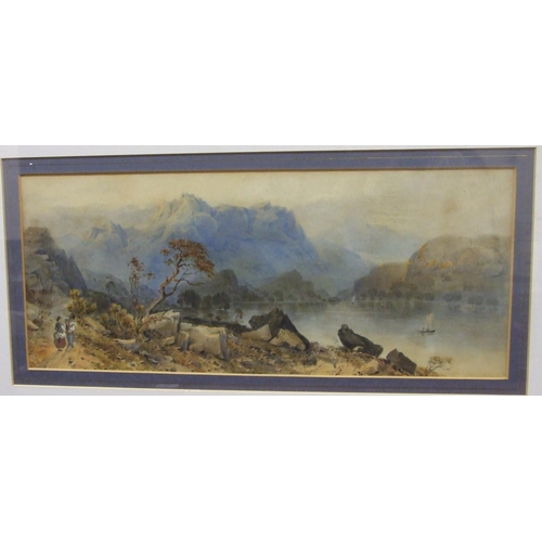 96 - 19th century Continental School, 'Figures by a lake and mountainous landscape', unsigned watercolour... 