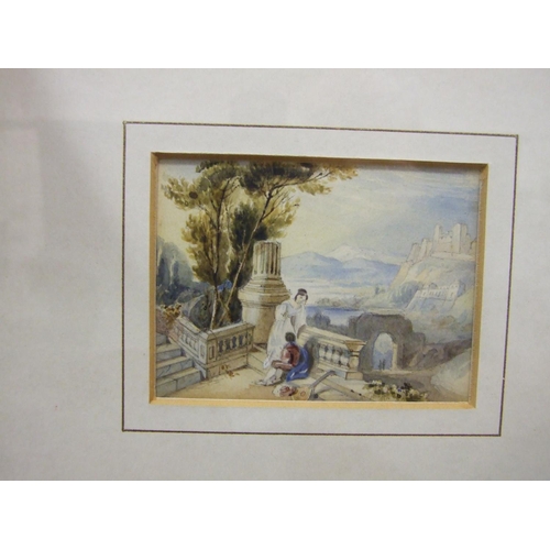 96 - 19th century Continental School, 'Figures by a lake and mountainous landscape', unsigned watercolour... 