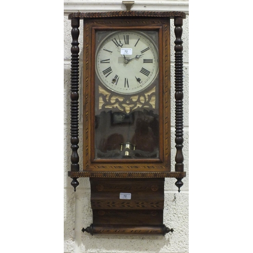 72 - A late-19th century inlaid Vienna-style wall clock, striking on a bell, 76cm high.