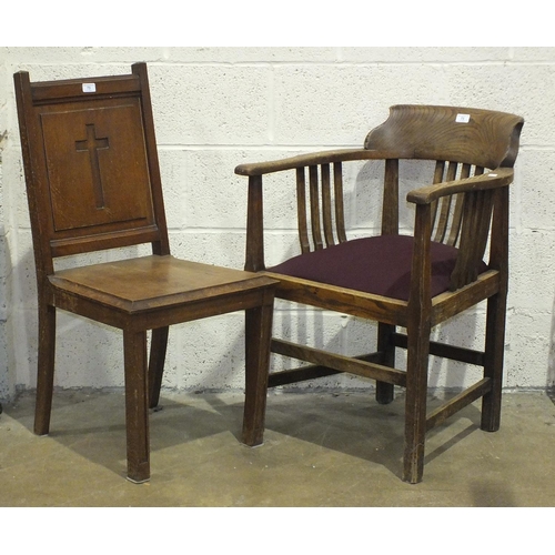 73 - An oak armchair with padded seat and a chapel chair, (2).