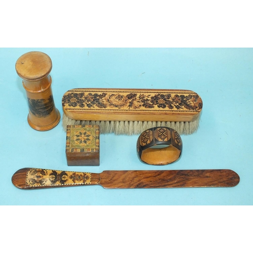 118 - A Tunbridge ware floral-decorated clothes brush, 16cm, a paper knife, a small square box and cover, ... 