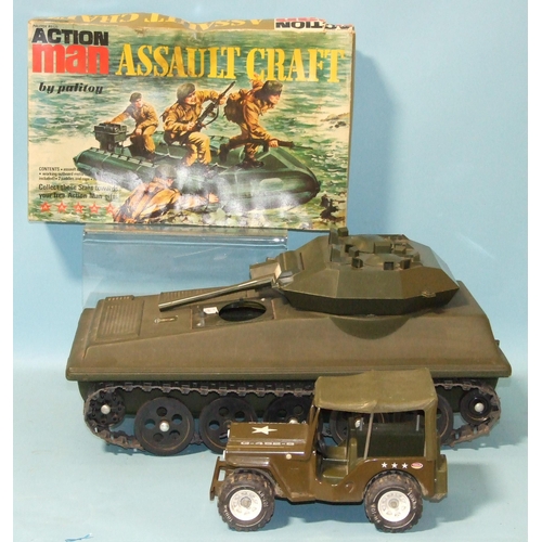 427 - A Palitoy Action Man Assault Craft, boxed, a scorpion tank (no box) and a Tonka US jeep, (3).... 