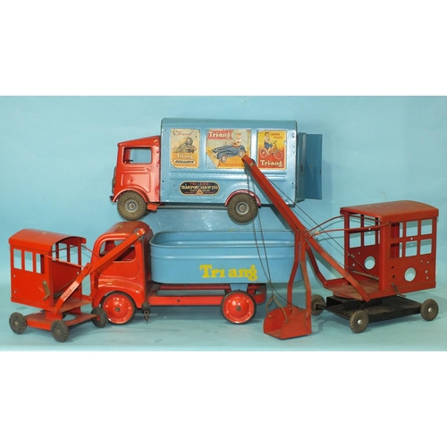 441 - Triang large-scale tinplate toys: a transport van no. 200, a truck and two cranes, (4).... 