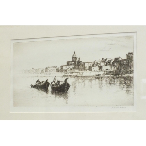 126 - After W Douglas Macleod, 'River Arno', a signed etching, 19 x 34.5cm, titled label verso, after J Mc... 