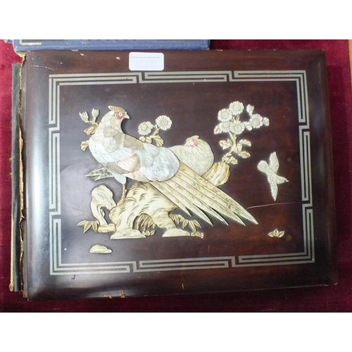 133 - A Japanese lacquered photograph album, the cover decorated with bone and mother-of-pearl pheasants, ... 