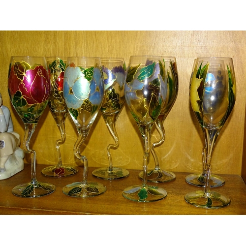 166 - Eight hand-made limited-edition wine glasses by Elizabeth De Lisle, with floral decoration in differ... 