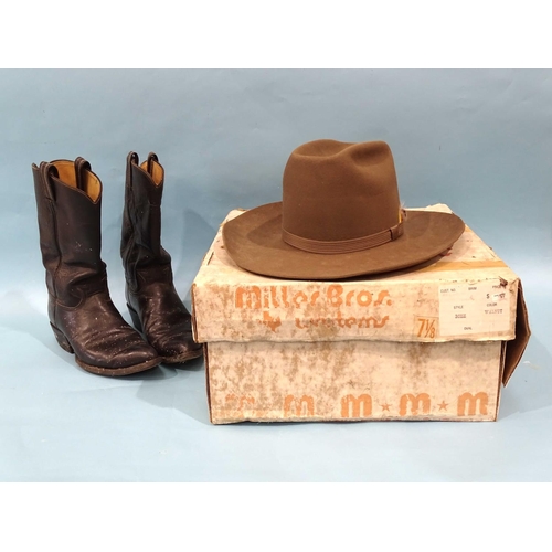 87 - A Miller Bros Western felt hat, size 7 & 1/8, in box, together with a pair of Western-style leat... 