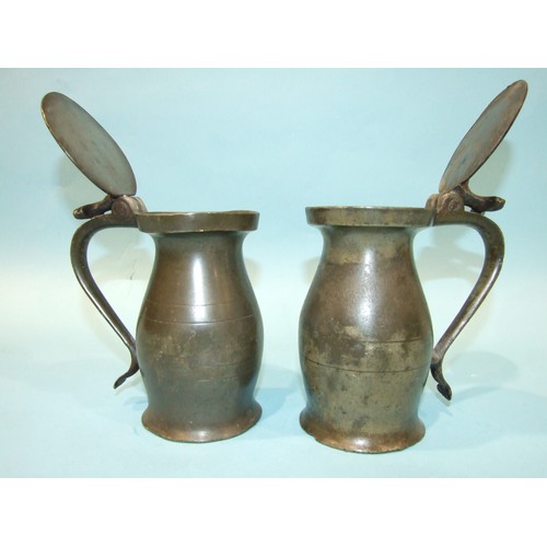 96 - A pair of Victorian pewter quart tankards marked J Swift, Wadsley Bridge, 15cm, three other pewter t... 