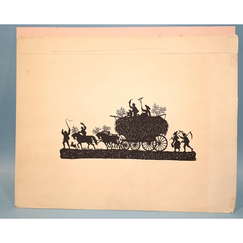 122 - A scissor-cut silhouette scene of farm workers and hay cart, 190 x 90mm and other smaller cut silhou... 