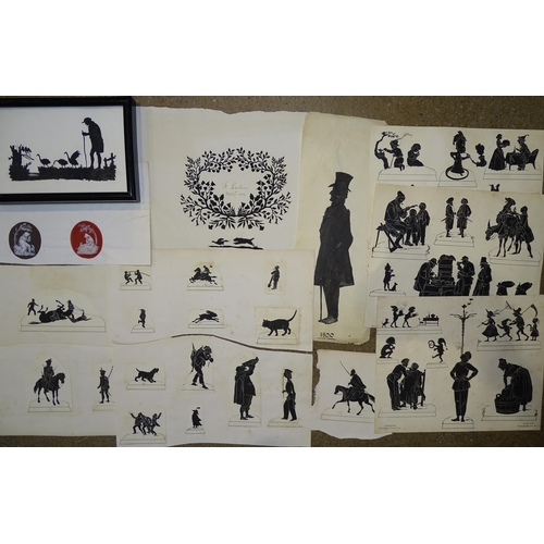 122 - A scissor-cut silhouette scene of farm workers and hay cart, 190 x 90mm and other smaller cut silhou... 