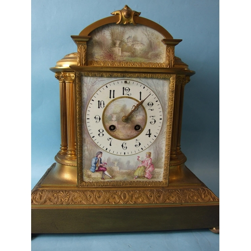 160 - A French gilt metal and ceramic clock garniture, the painted enamel dial depicting two lovers and wi... 