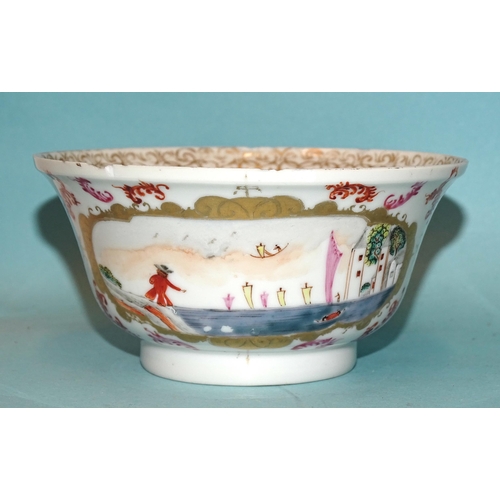 197 - A late-18th century Chinese export bowl decorated in the European Meissen style with harbour scenes ... 