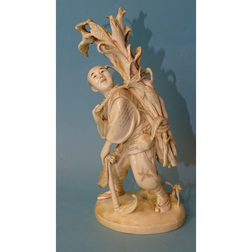 211 - A Japanese ivory figure of a man collecting maize, Meiji, 14cm high, (red seal mark to base).... 